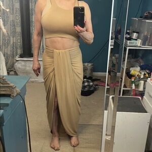 Fashion Nova Beige Ruched High-Slit Maxi Skirt